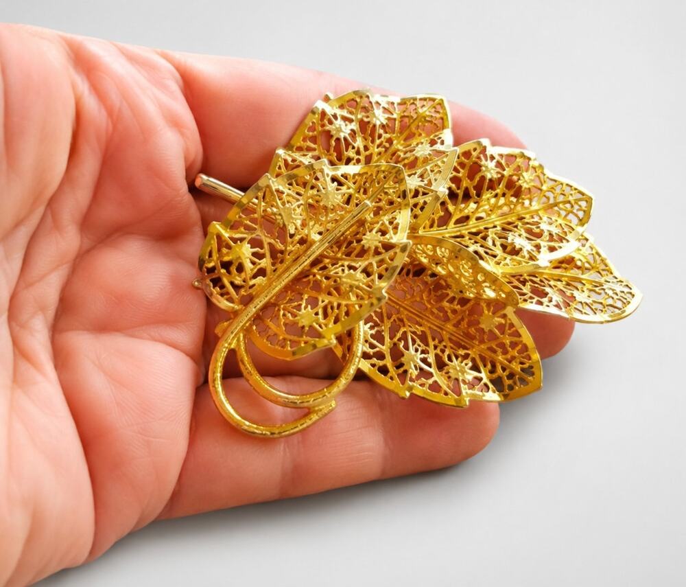 Judy‎ Lee Leaf Brooch Pin 3" Large Vintage Gold-tone Filigree Layered fb1-103